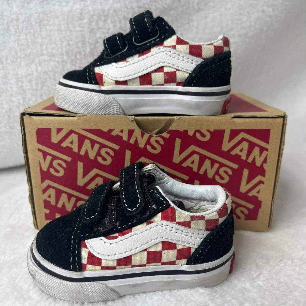 Toddler Vans Old Skool V Crib Shoes Red Checkerboard Black Suede Size 2‎